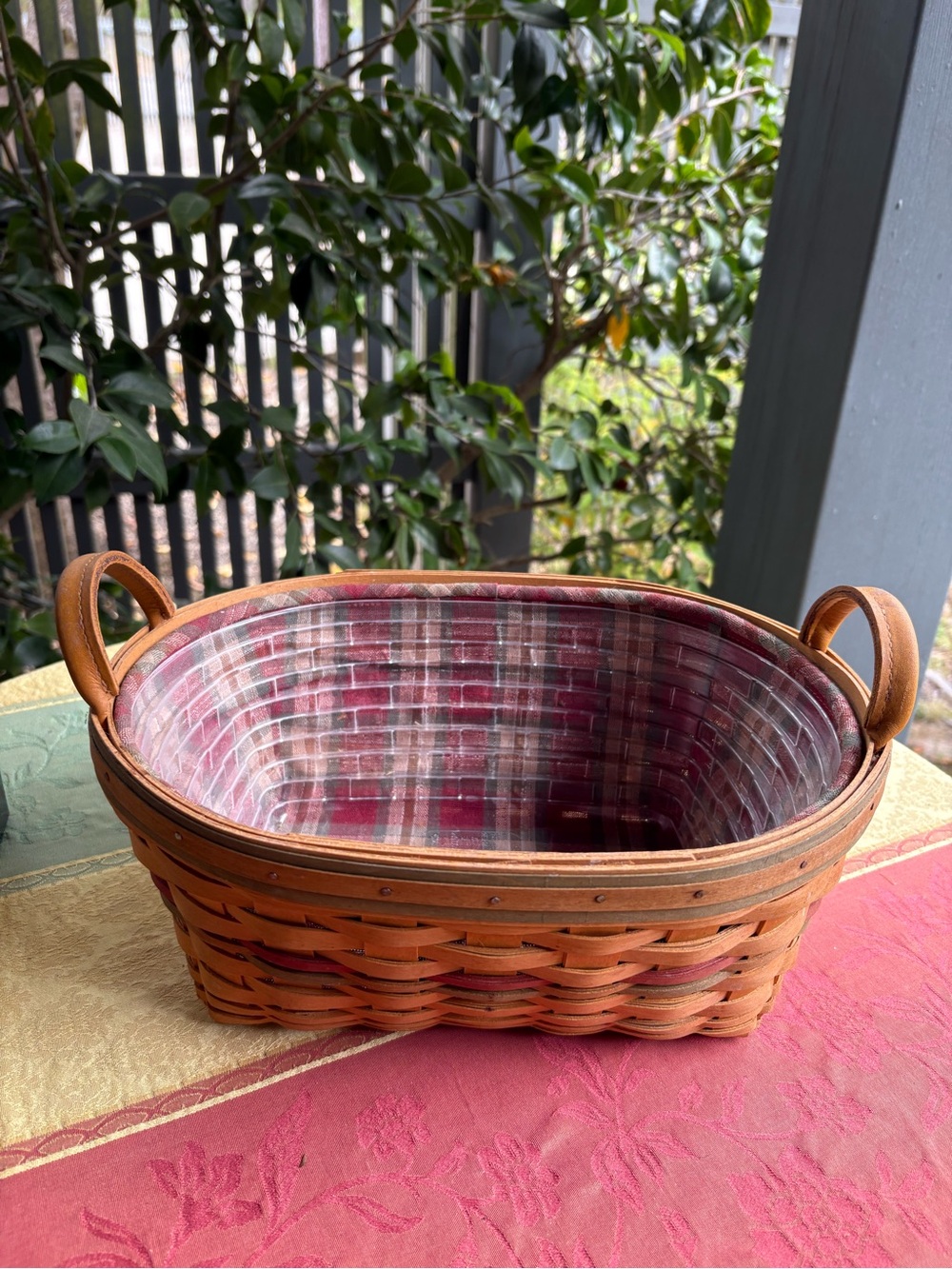 Longaberger Handwoven Brown Wicker Basket w /Red Plaid Liner/Plastic Protector